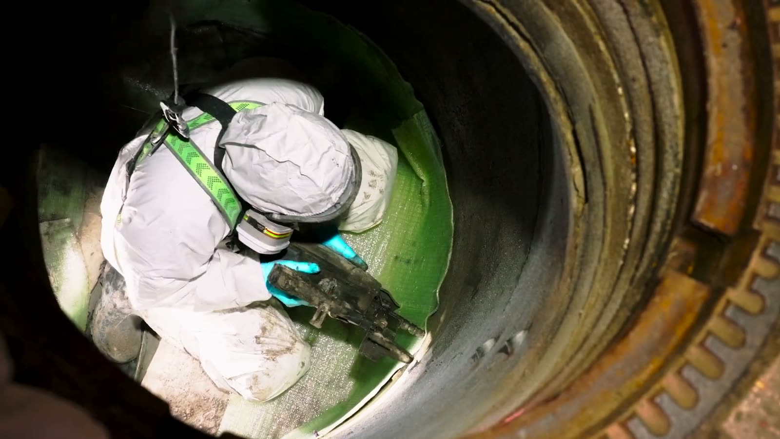 Monteur in beschermend pak aan het werk onderin een put